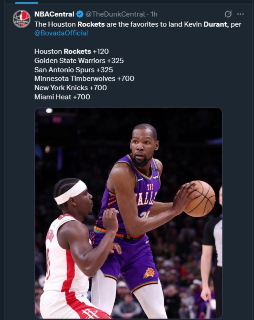 難道說？美媒曬杜蘭特下家賠率，火箭大幅度領(lǐng)跑！